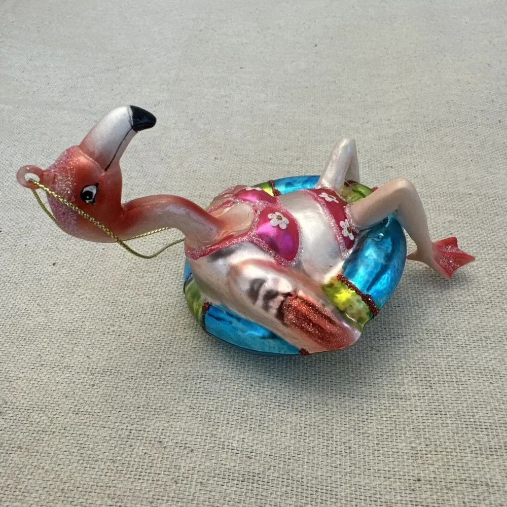 Flemingo Tubing Tube Xmas Blown Glass Ornament Bikini Float Life Saver Ring Pink